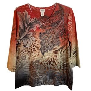 Zenergy by Chico’s Colorful Boho Embellished Paisley 3/4 sleeve v-neck tee Sz 2